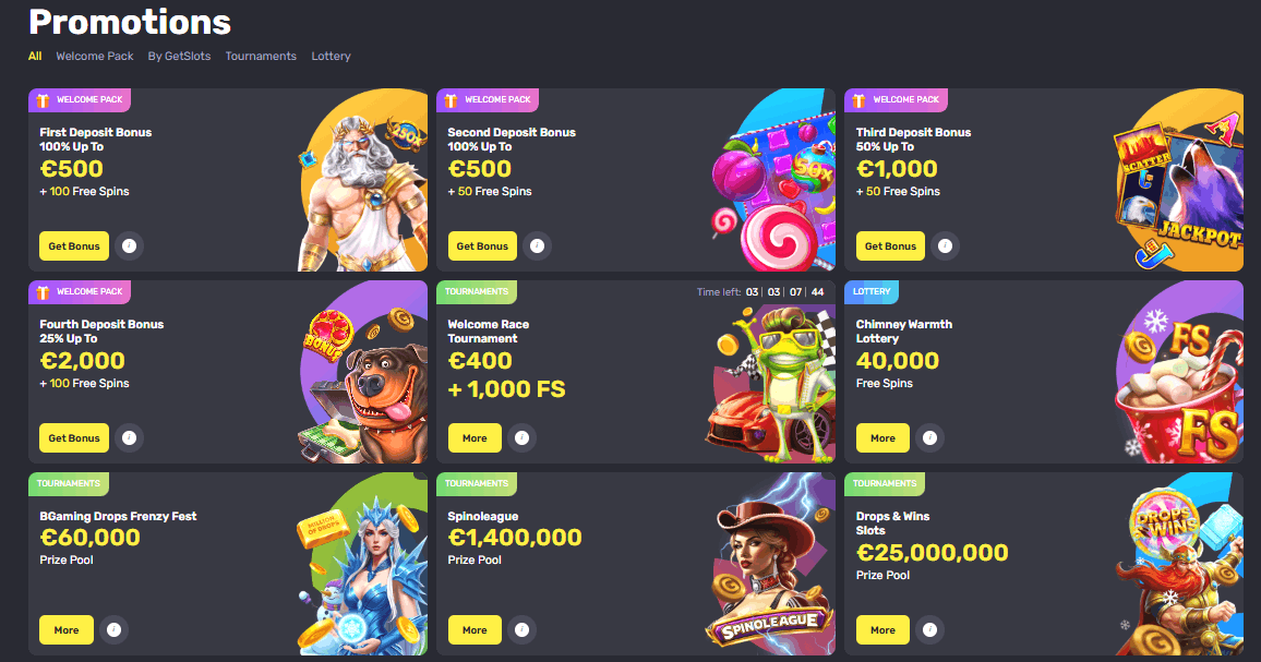 Übersicht der GetSlots Casino Bonusangebote und Promo Codes